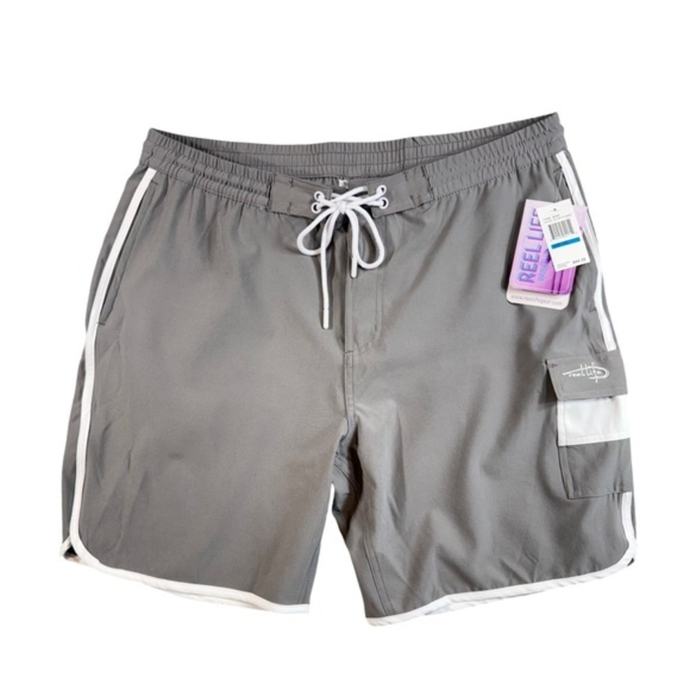 NWT Reel Life Gray Cargo Board Shorts Swim Trunks Elastic Waist Size Men's XXL